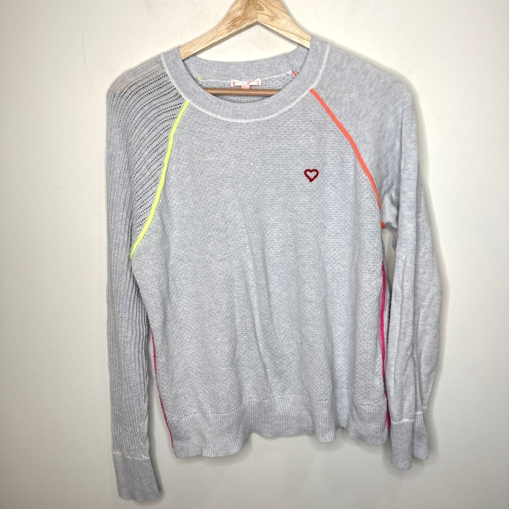 Lisa Todd Neon Embroidered Heart Waffle Knit Pullover Sweater Women's‎ L Blue